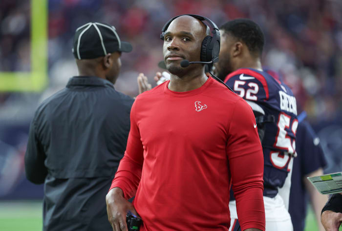 Texans head coach DeMeco Ryans in a 2024 AFC wild card game against the Cleveland Browns at NRG Stadium.